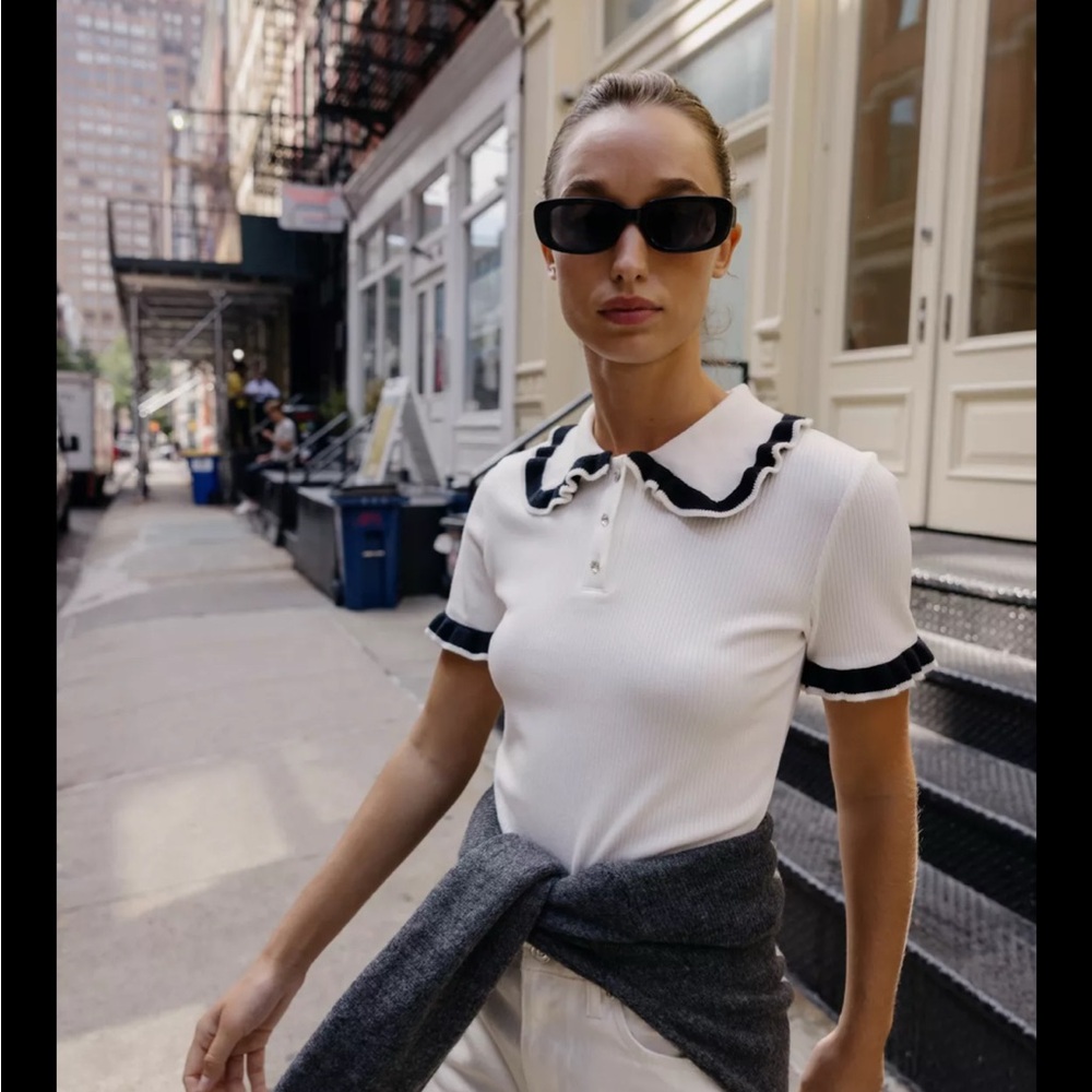Zara White Short Sleeve Polo Top with Black Trim